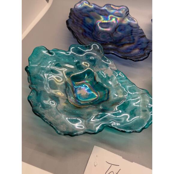 Four Vietri Ostrica Art Glass Oyster Shell Teal Blue Textured Trinket Dish 6.5” - Picture 5 of 12